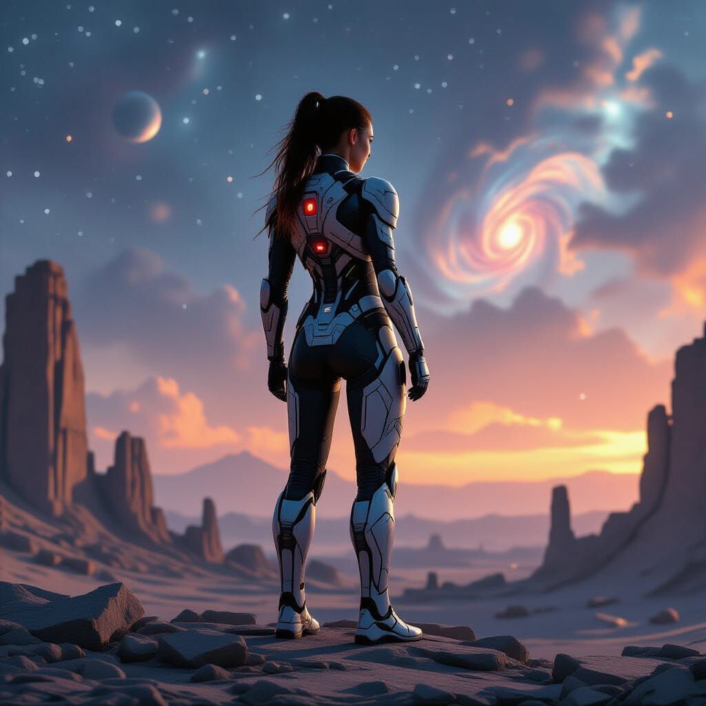 Cybernetic Woman Surveys Alien Ruins Under Nebula Sky