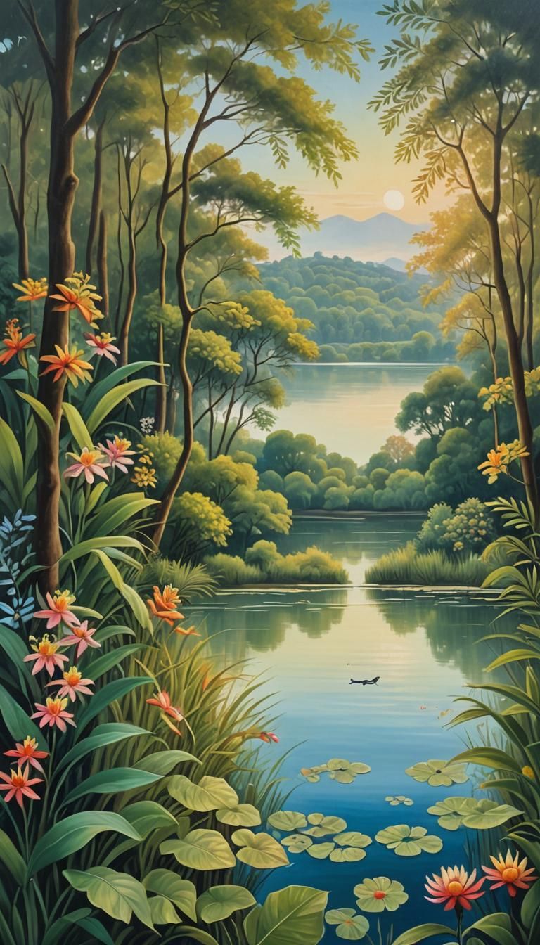 Idyllic Landscape Painting in Naive Art Style