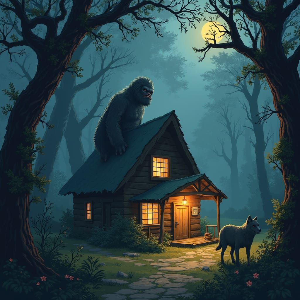 Cozy Forest Cottage Scene with Mysterious Creatures