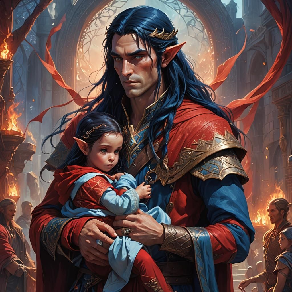 Feanor, a tall male elf with long black hair and blue eyes, ...