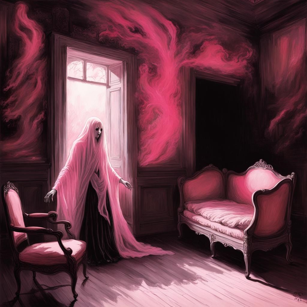Ethereal Pink Ghost Woman in Engraving Style