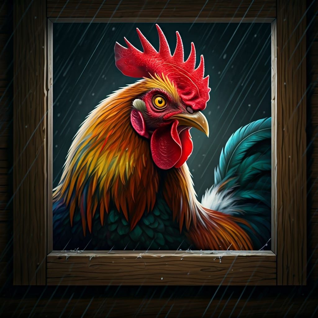 Menacing Rooster in Dark Coop, Rutkowski Style