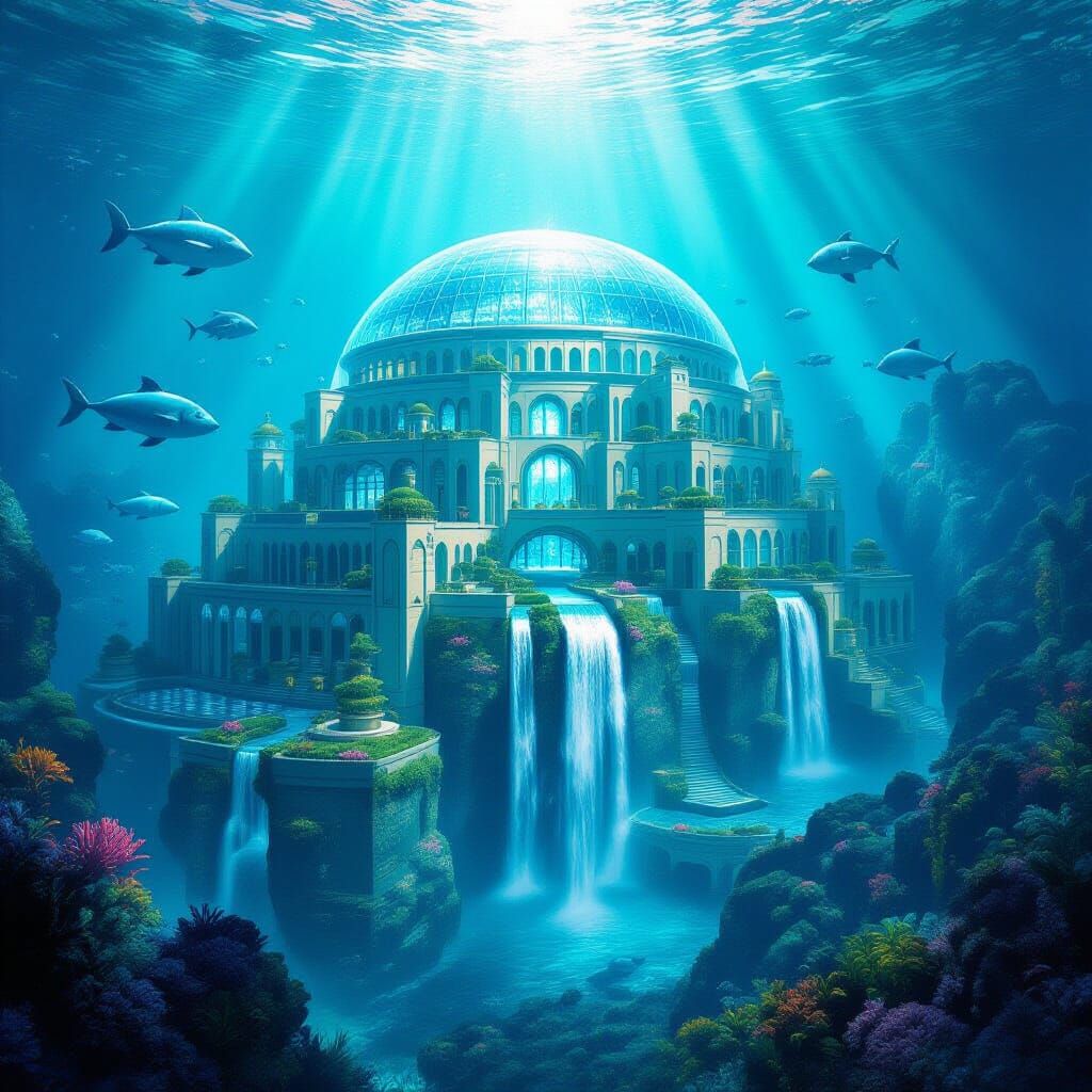 Lush Underwater City of Atlantis with Waterfalls