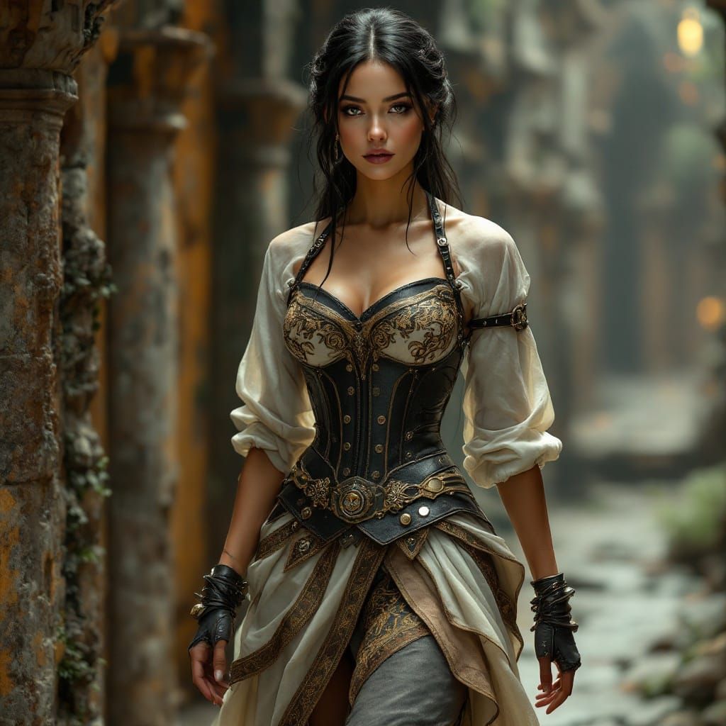 Renaissance Woman in Cyberpunk Ruins: Detailed Rendering