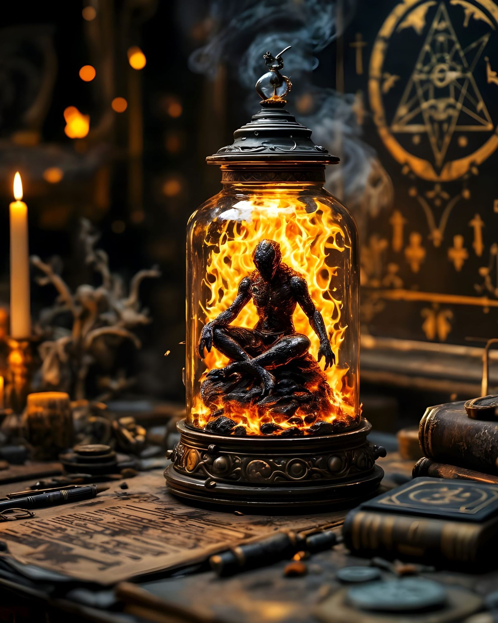 Fiery Burning Man in a Jar: Fantasy Art