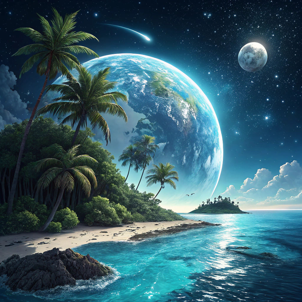 Peaceful Tropical Paradise Planet Under Night Sky