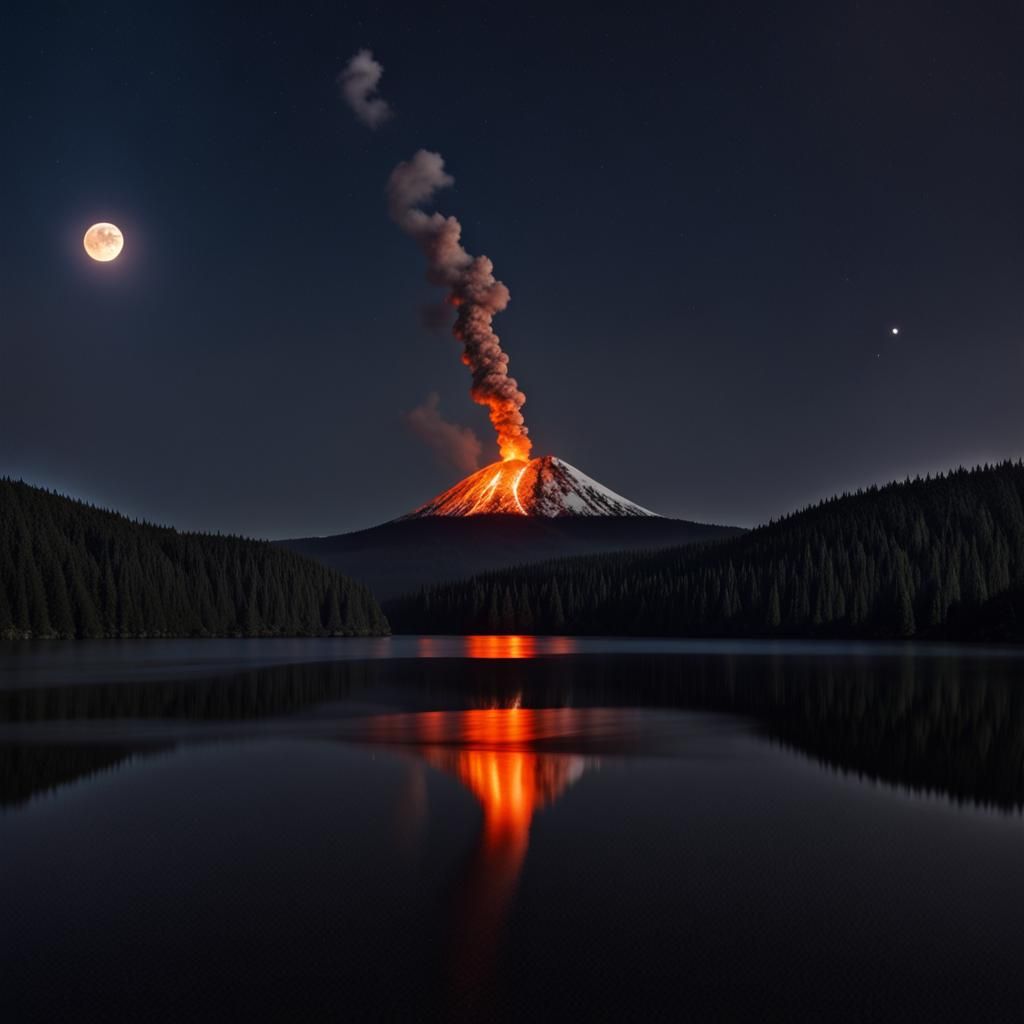 Volcanic Eruption Under Moonlight: High Resolution Photo