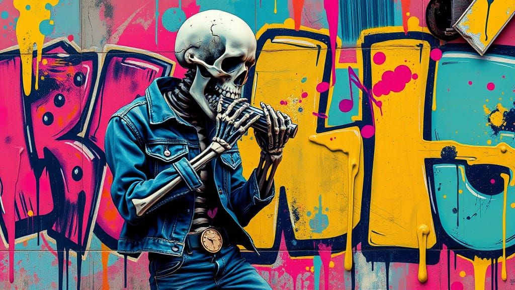 Surreal Skeleton Musician Plays Harmonica in Vibrant Melting...