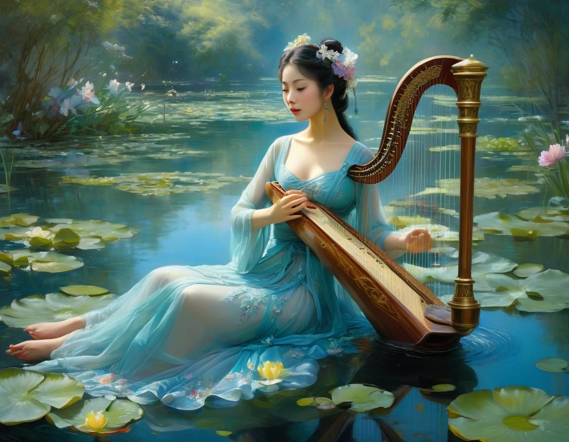 Embossed Chinese Woman Playing Harp in Lake