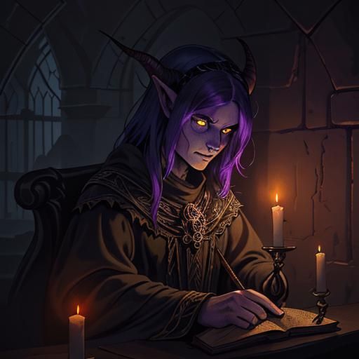 Tiefling Necromancer in Abandoned Crypt, Gothic Oil Painting