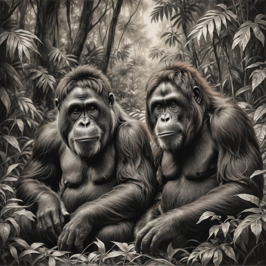 Orangutans in Jungle Clearing: Monochromatic Charcoal Drawin...