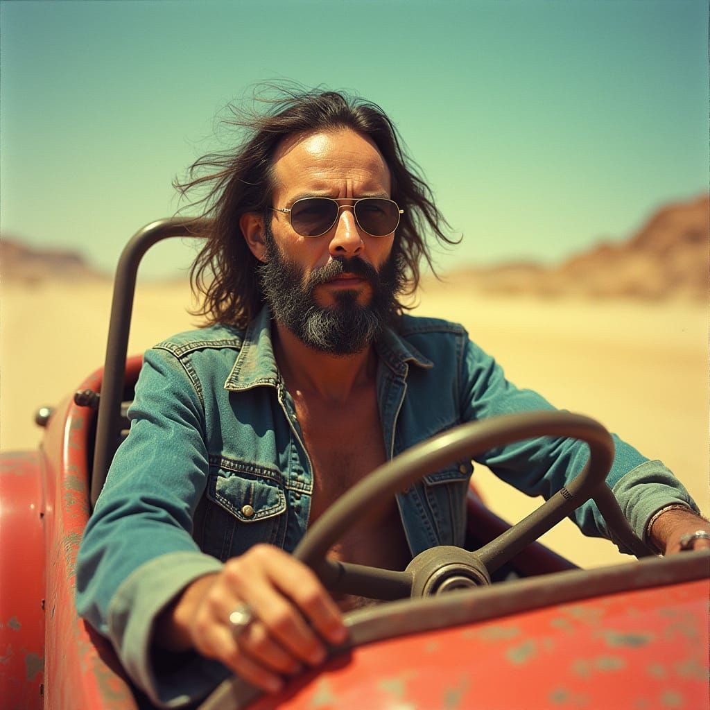Charles Manson Behind the Wheel of a Vintage Dune Buggy in 1...