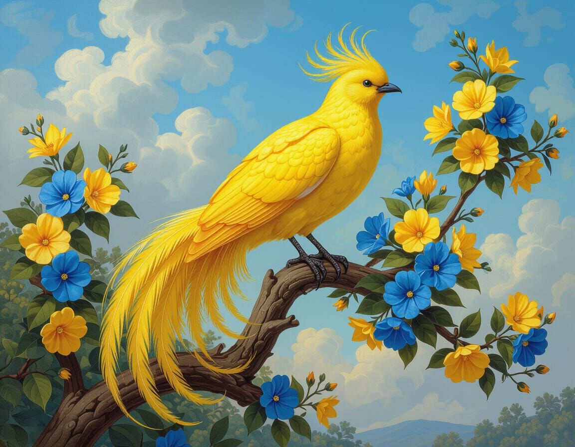 Mythical Yellow Bird on Flowering Branch: Oil Painting