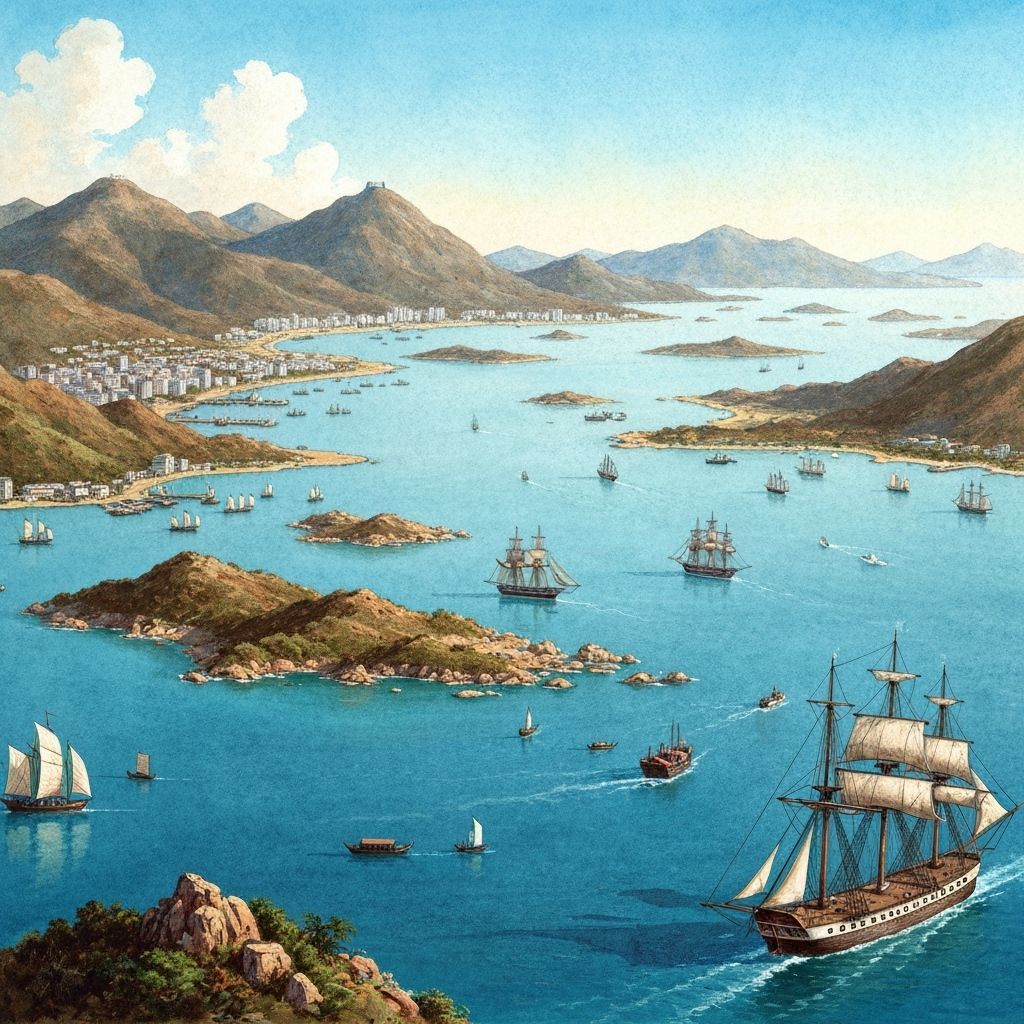 1841 Hong Kong Harbor Landscape in Gouache Style
