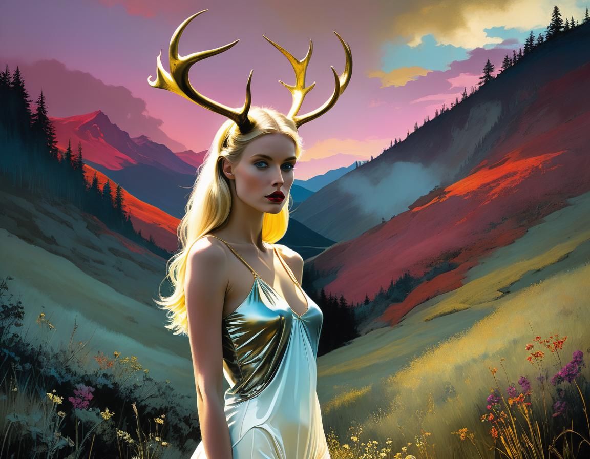 Surreal Blond Woman in Chiaroscuro Alpine Sunset