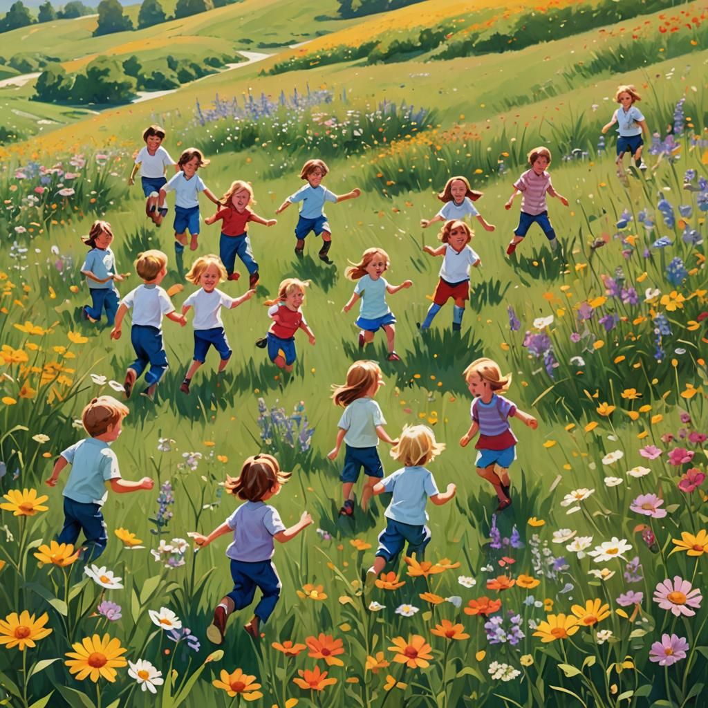 Children Playing in Sunny Meadow: Wet-on-Wet Painting