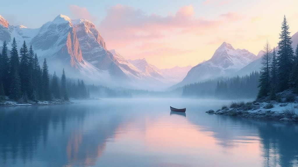 Mountain Lake at Dawn in Watercolor Style