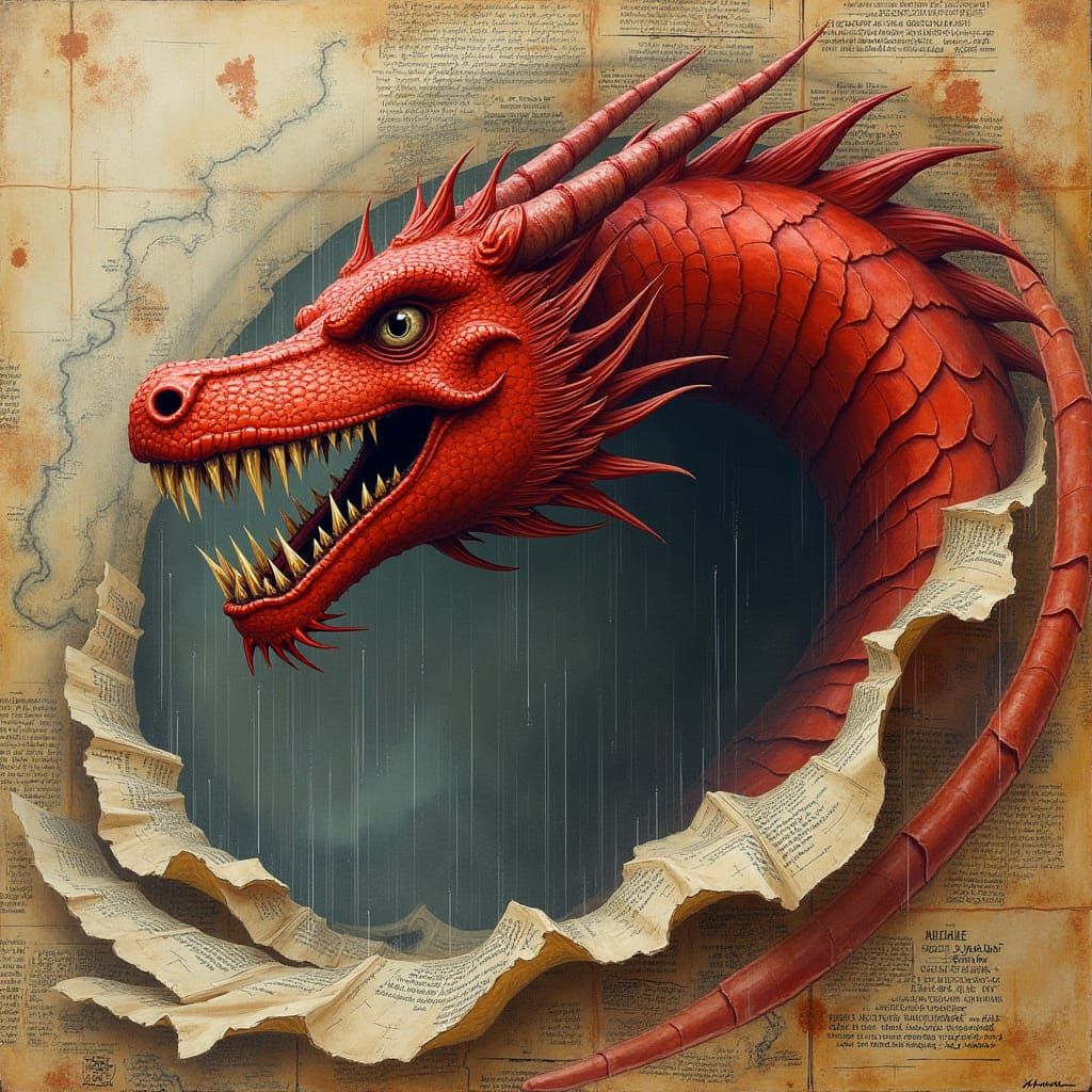 Red Dragon Emerges from Vintage Collage Vortex