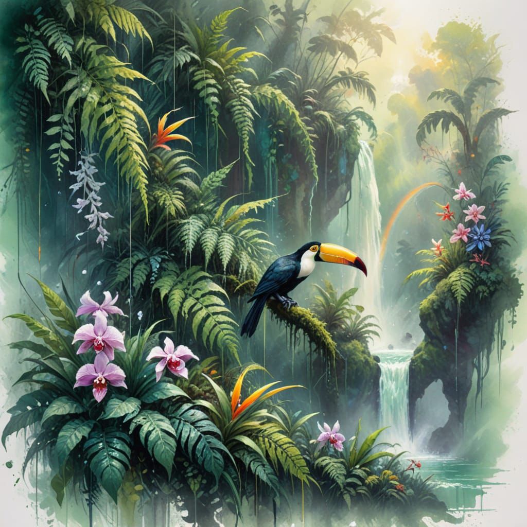 Rainforest Waterfall: Neo-Impressionist Oil Painting