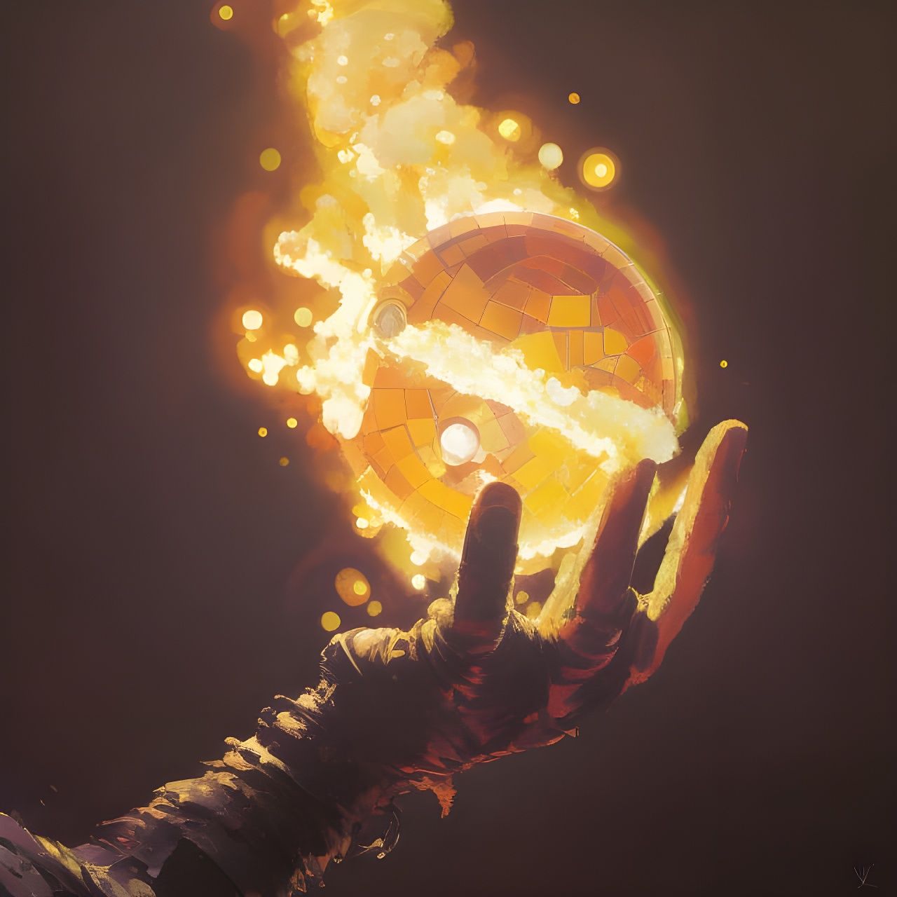 Hand Holding Fireball in Triadic Color Style