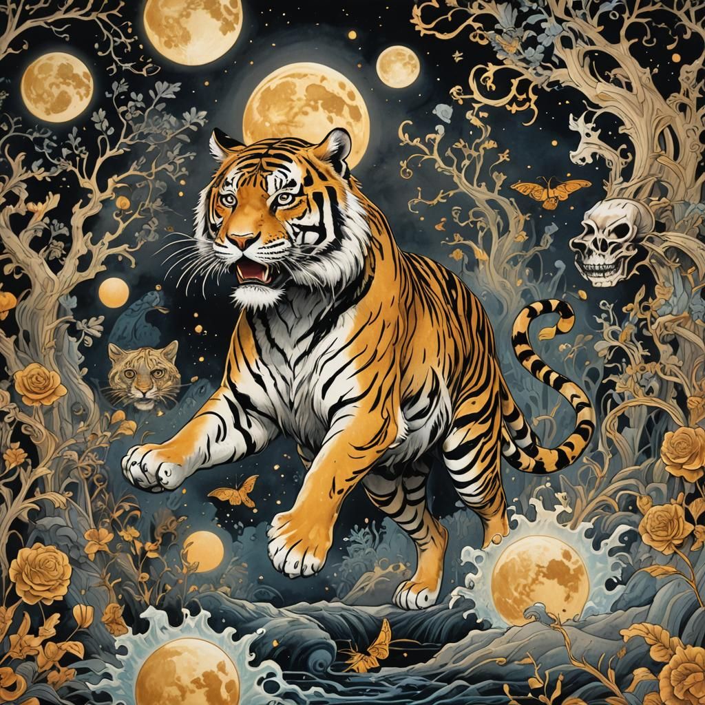 Whimsical Ink Tiger with Ghosts and Moon