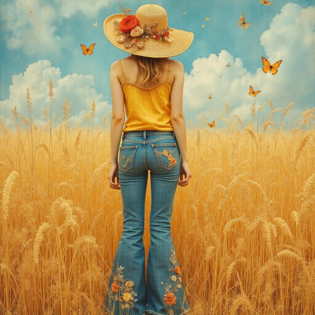 Woman in Floral Outfit in Wheat Field, Surreal Style
