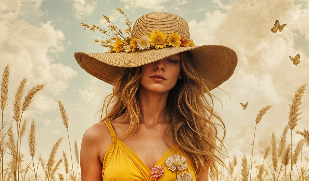 1970s Woman in Wheat Field: Surreal Psychedelic Art