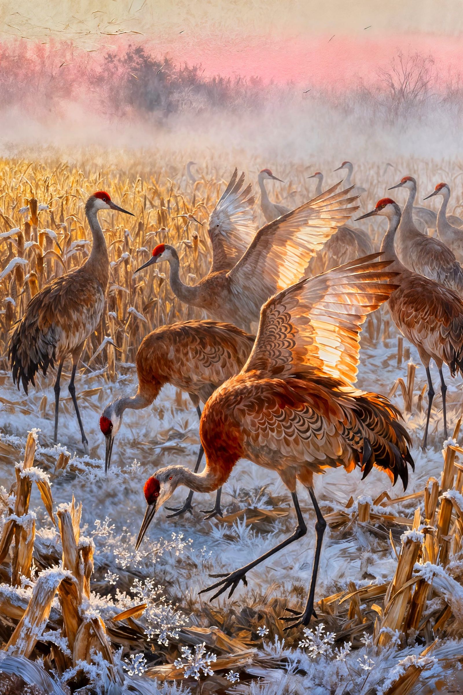 Sandhill Cranes at Dawn in Frosty Field