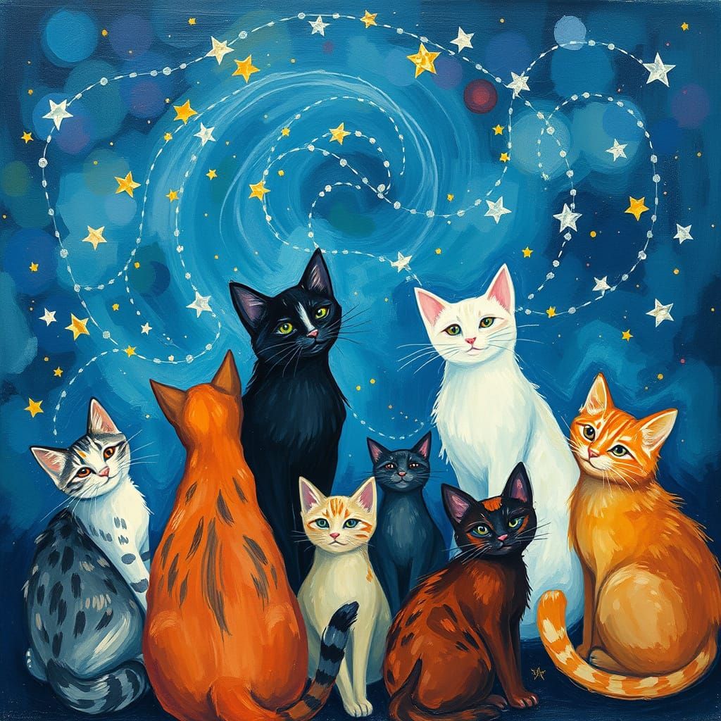 Whimsical Felines Gather Under Starry Night Sky in Vibrant I...