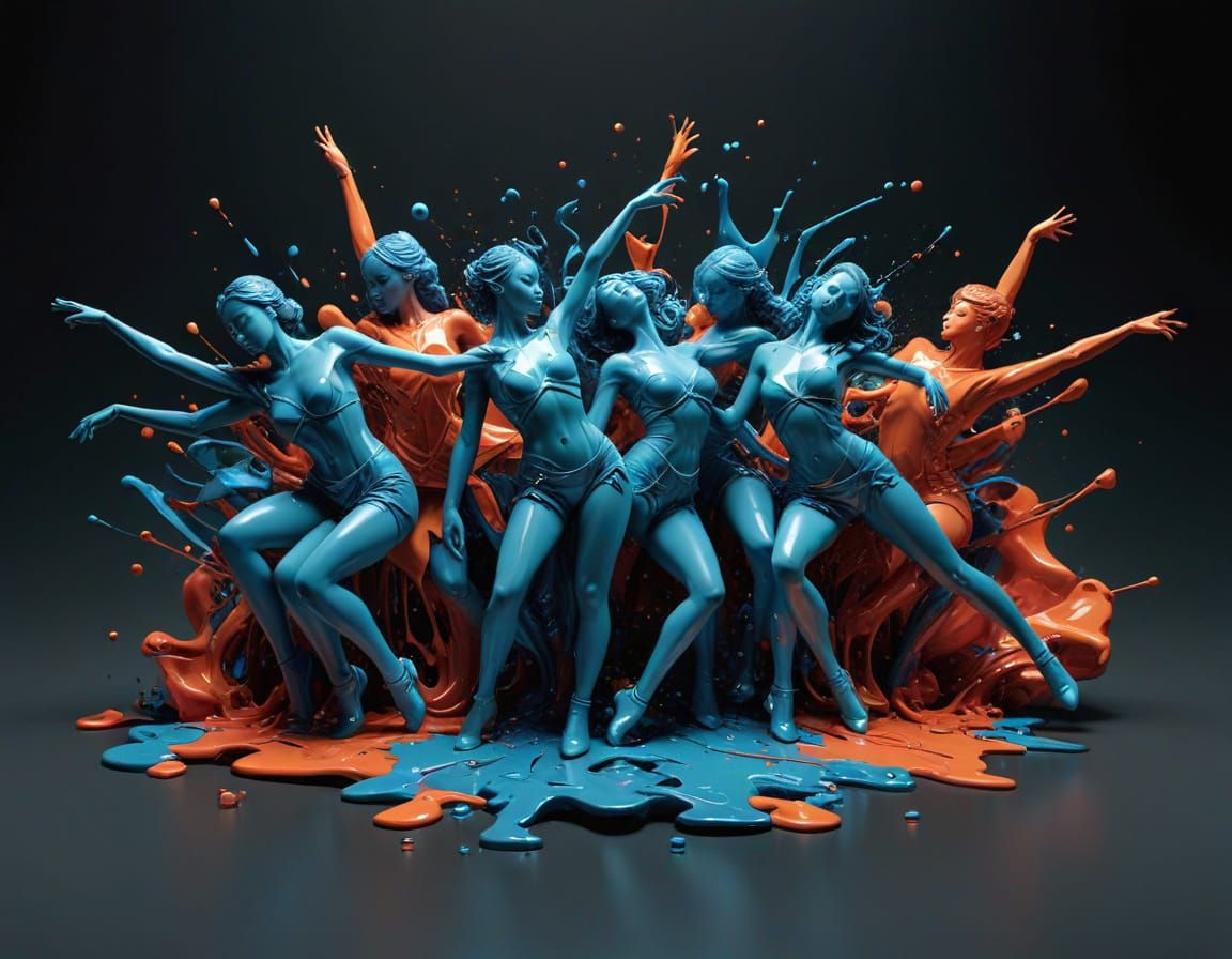 Kpop dancers  abstract surrealism 3D knolling melting togeth...