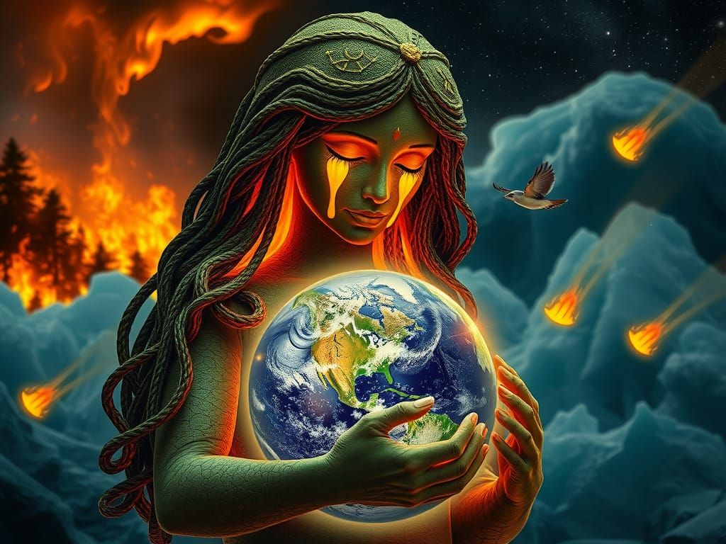 Mother Nature's Fiery Tears: A Global Warming Depiction