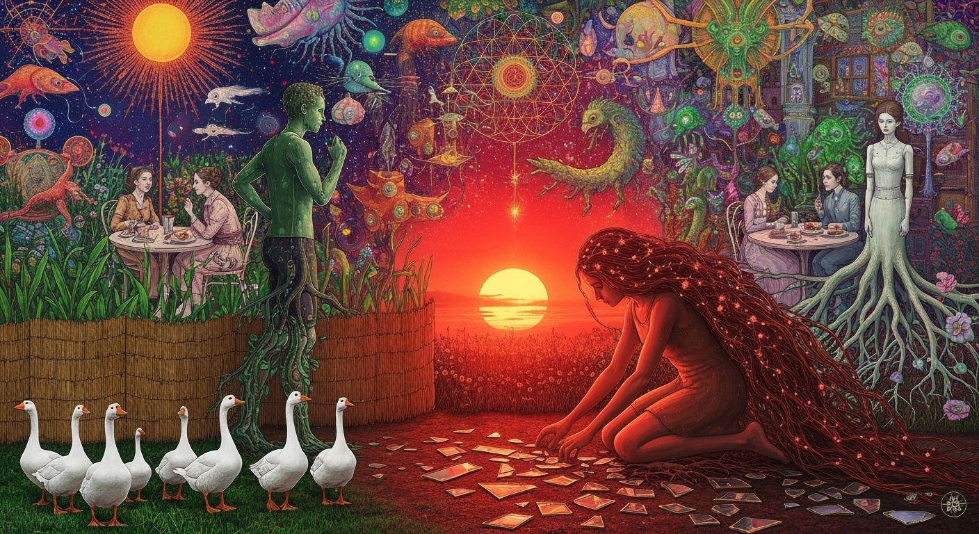 Folkloric Robot and Twins in Surreal Eco-Art Garden