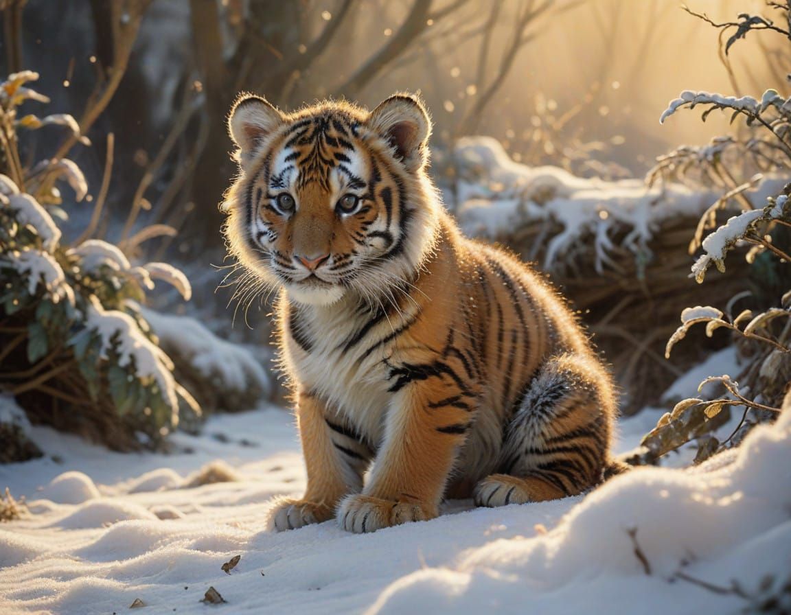 Whimsical Tiger Cub Explores Winter Wonderland in Soft Golde...