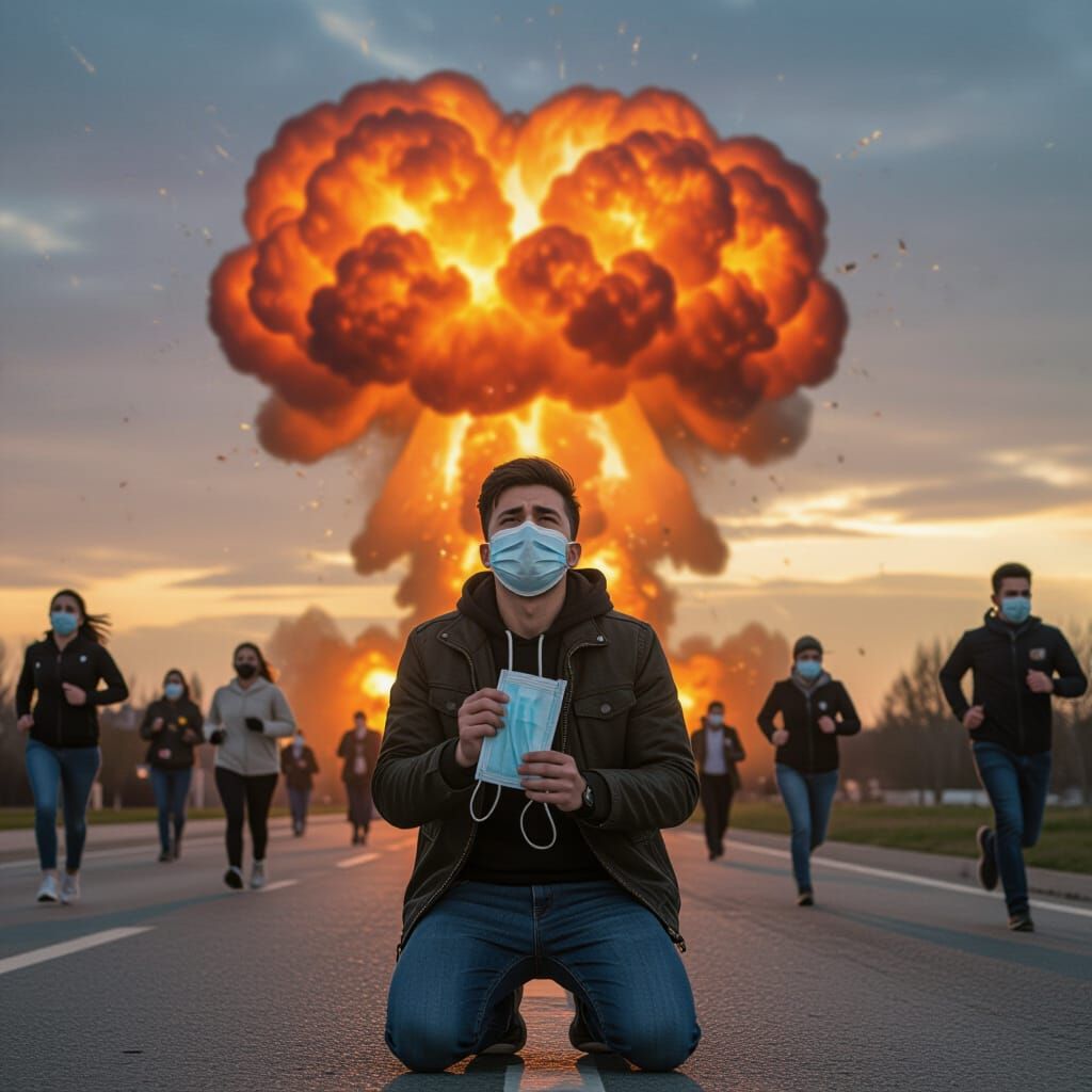 Figure Kneeling Before Explosion