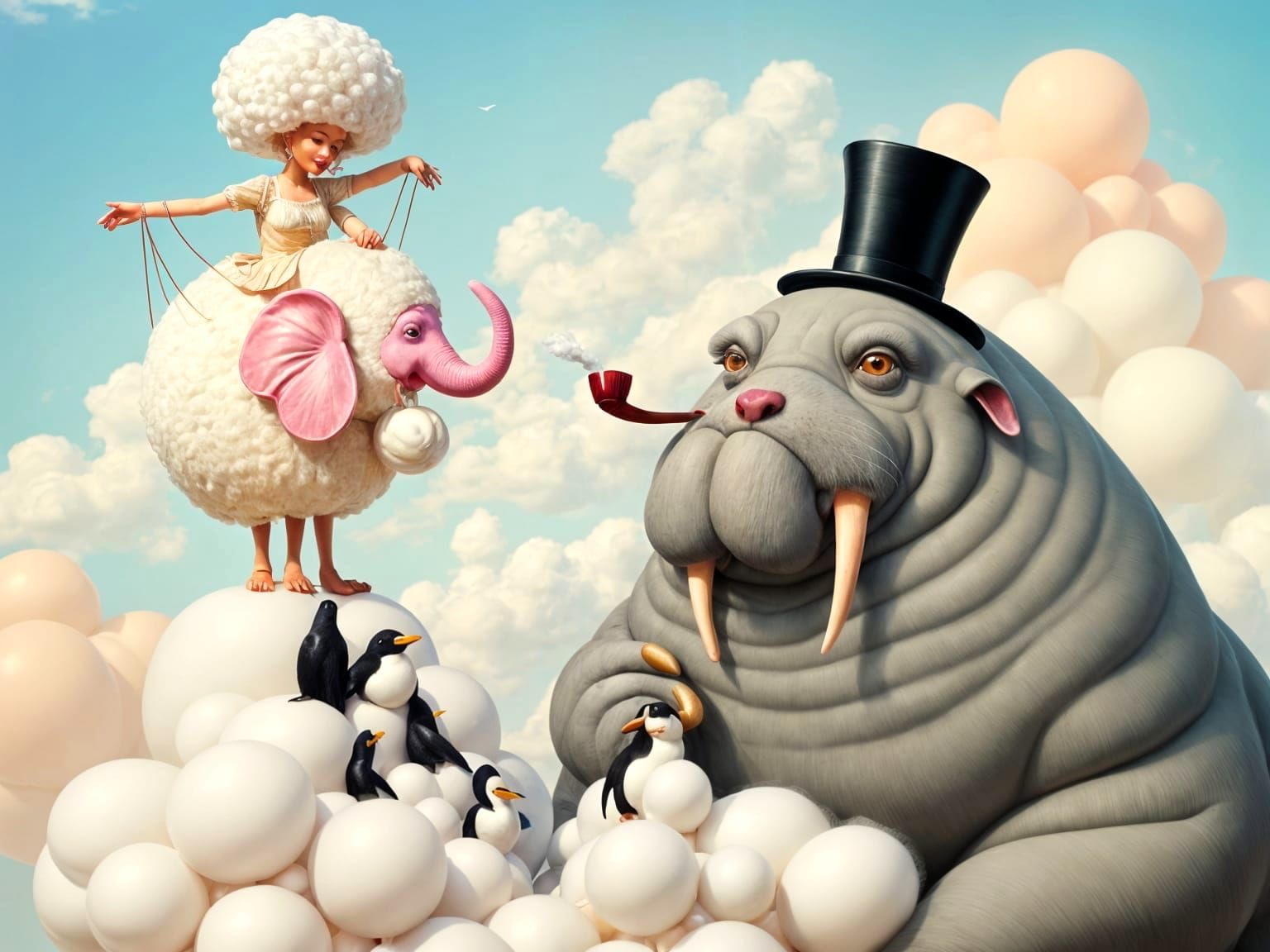 Whimsical Sheep Unicyclist Knits Cloud Elephant atop Jugglin...