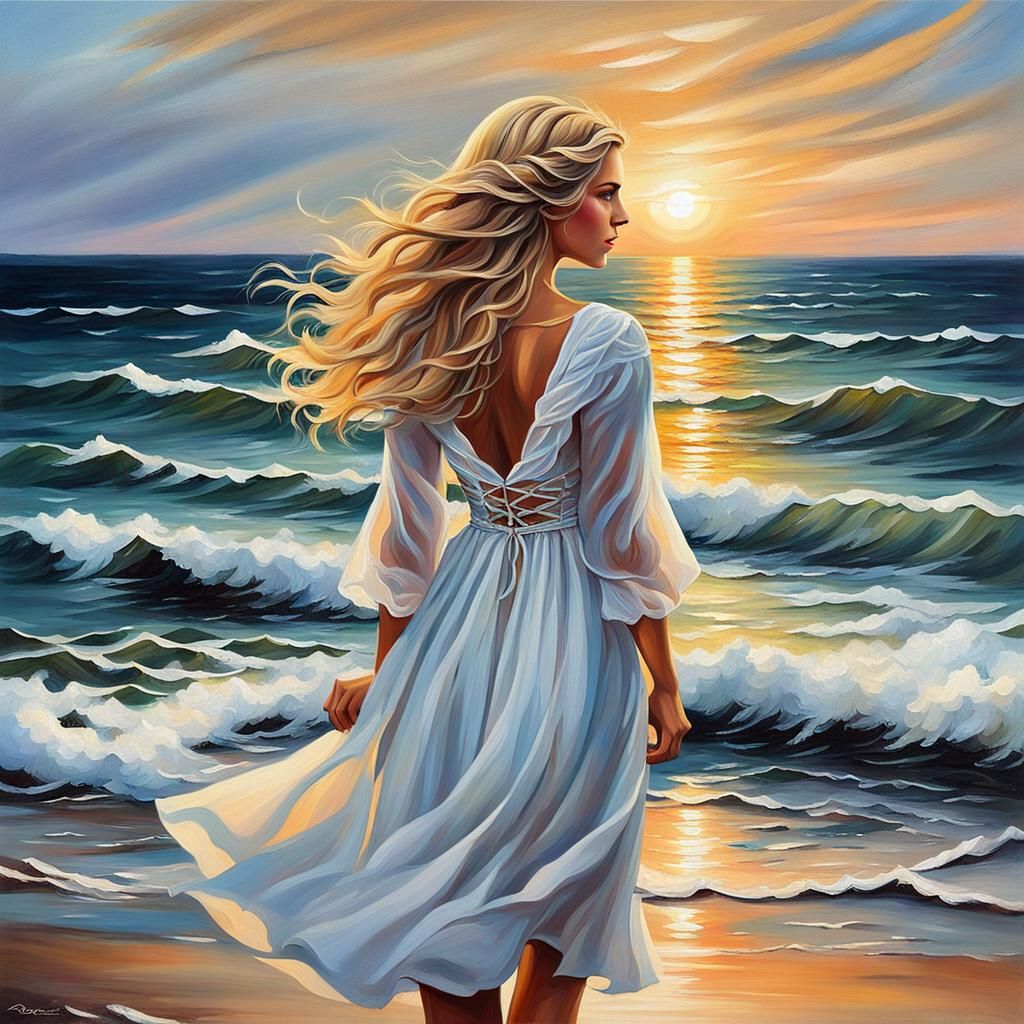 Girl Gazing at Sunset Horizon, Vivid Oil Painting