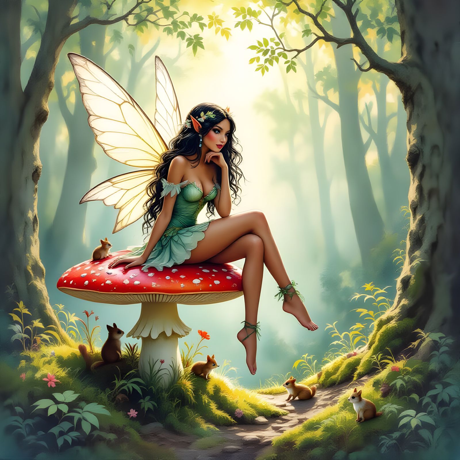 Dark Skinned Fairy on Mushroom in Forest, Watercolour Style