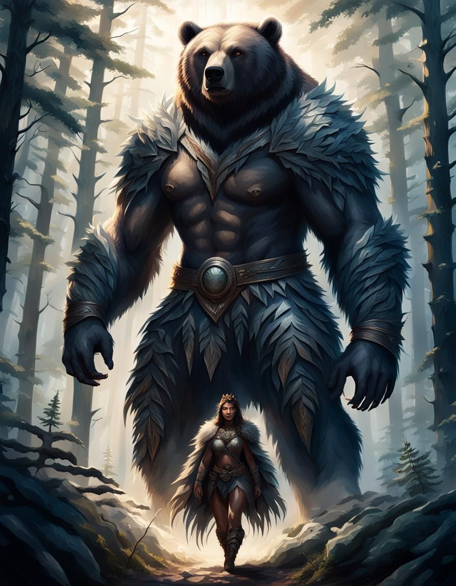 Majestic Bear-Woman in Misty Forest: Photorealistic Art