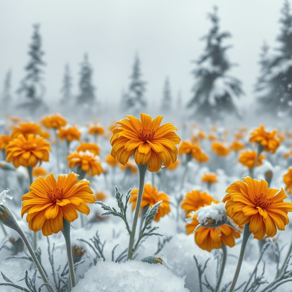 Sorrowful Orange Marigolds in a Winter Landscape