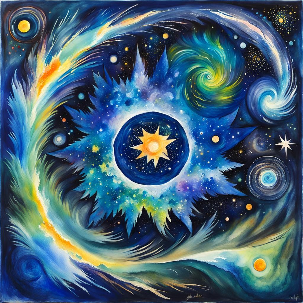 Nebula with Blue Star in Impressionist Gouache Style