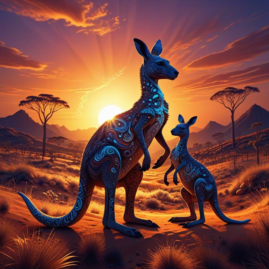Ethereal Australian Sunset with a Kangaroo and Joey