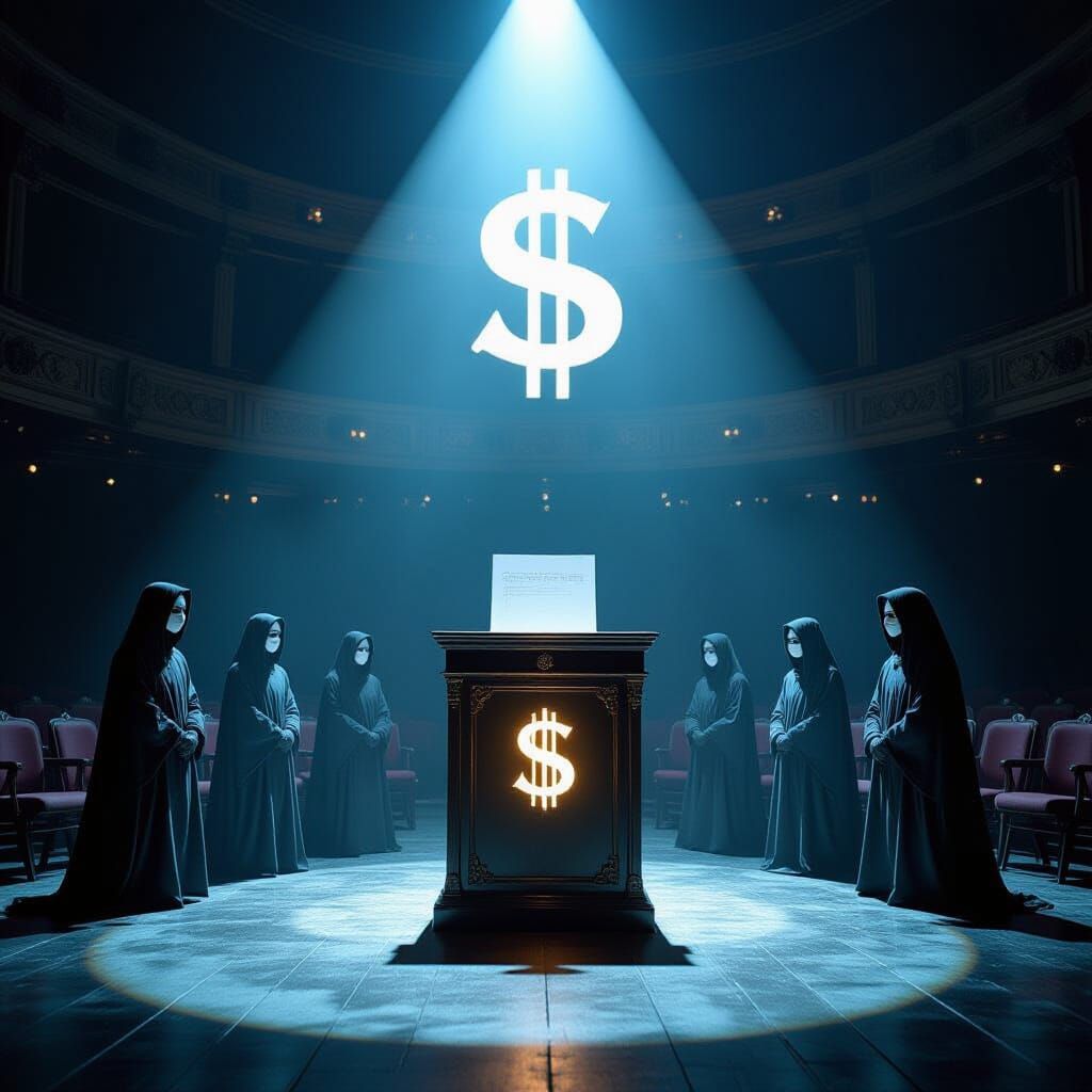 Democracy's Shadow: Ornate Ballot Box in Dilapidated Theatre