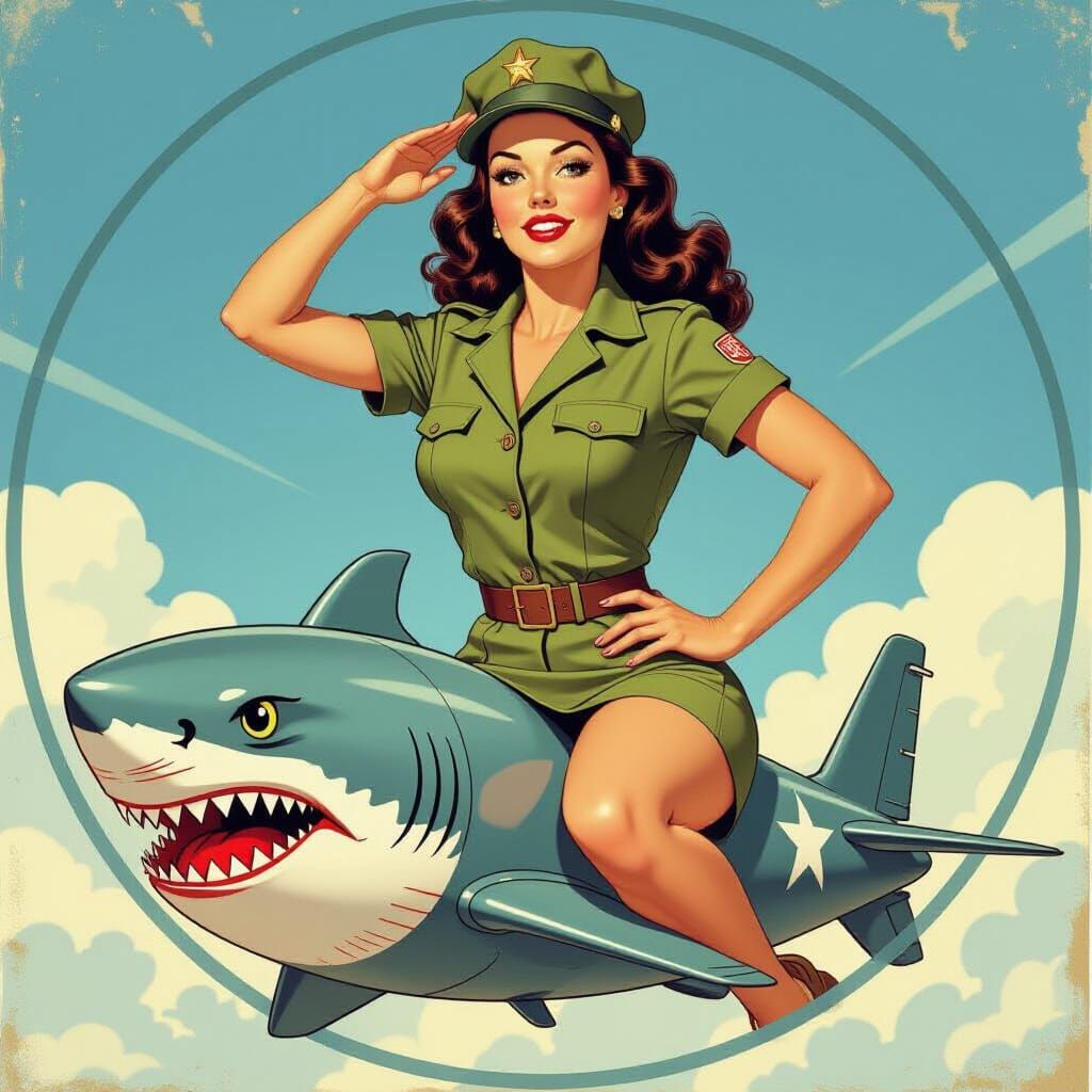 Vintage Pin-Up Woman Salutes on Shark Bomb