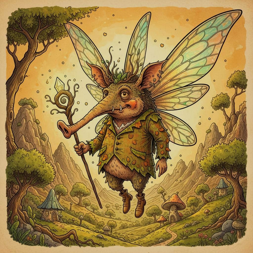Whimsical Aardvark-Faerie Caricature in Magaliesberg Landsca...