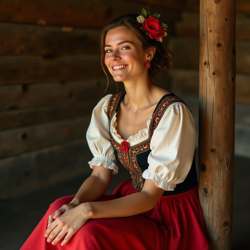 Elegant European Woman in Traditional Basque Dancer's Attire...