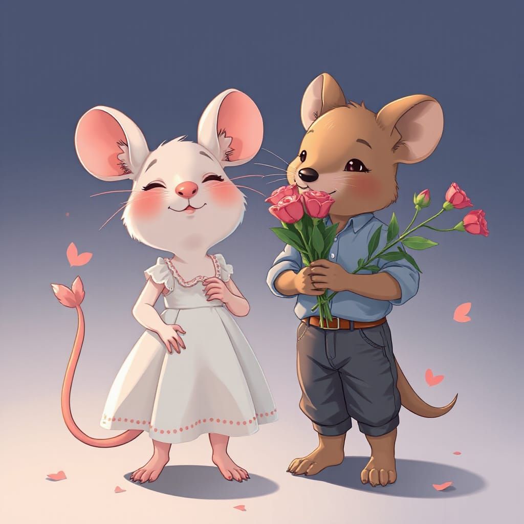 Charming Manga-Style Mouse Couple in Romantic Scene