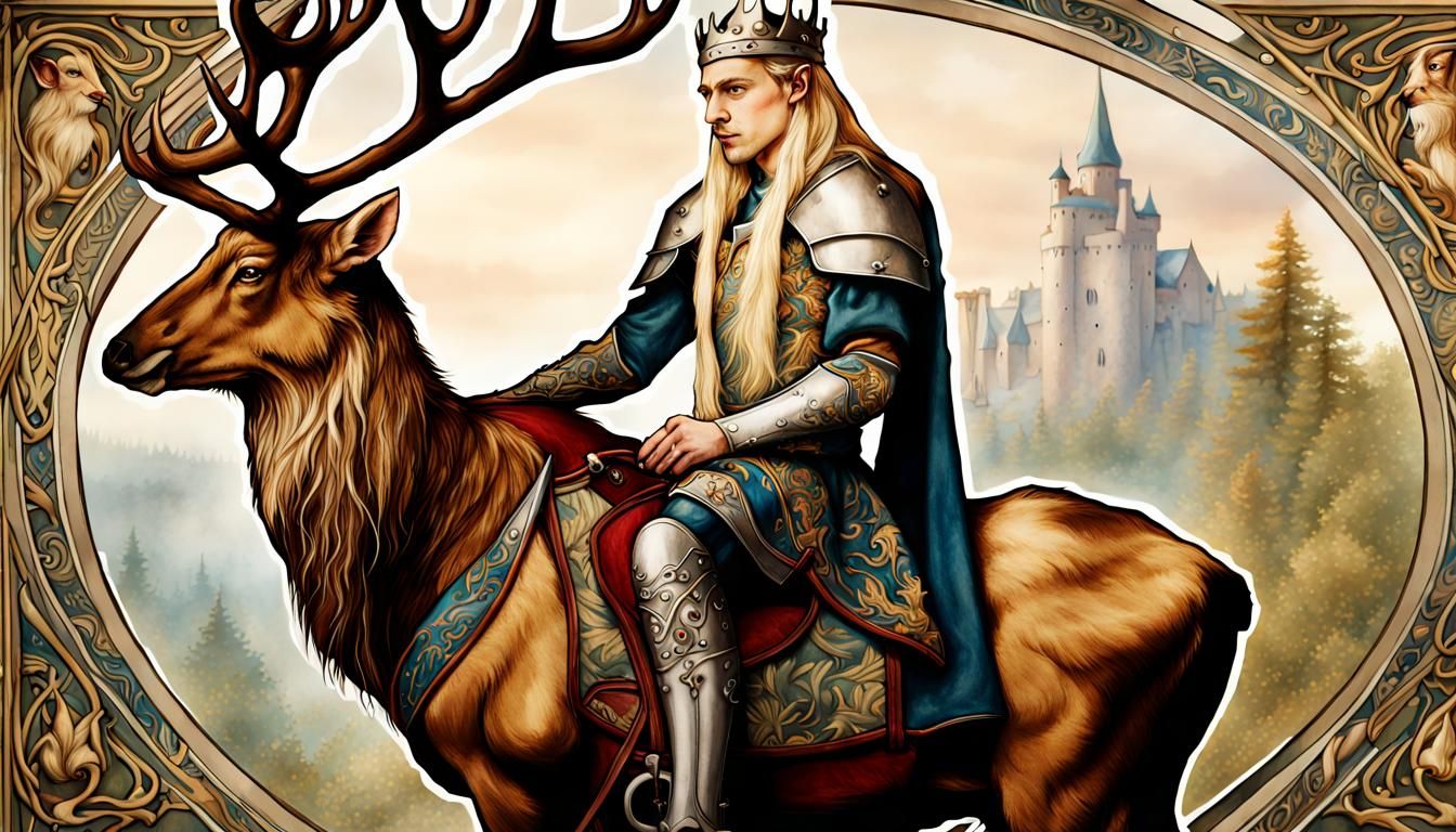 Armored Elf King Portrait in Art Nouveau Style