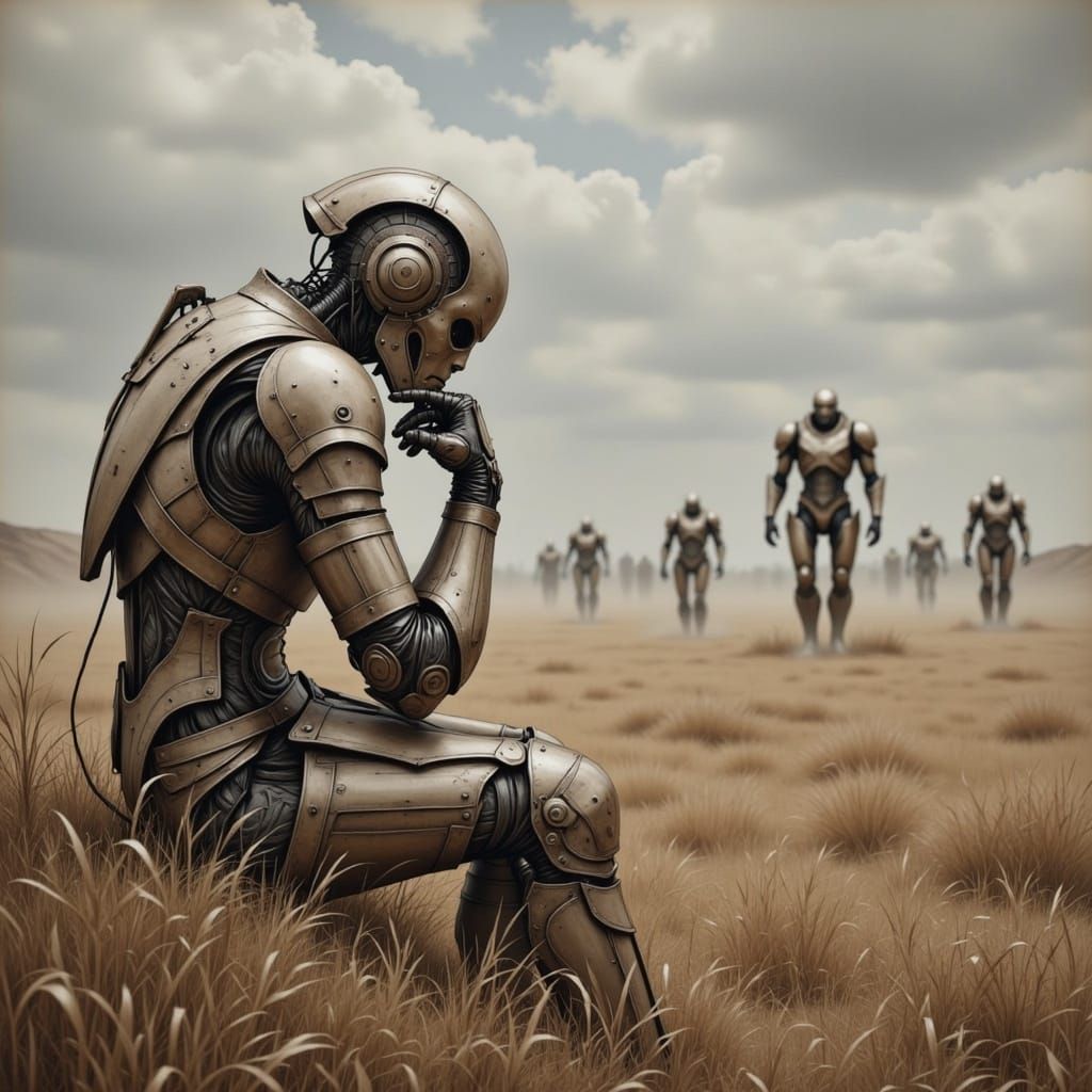 Mechanical Paladin Robot Contemplates Distant War