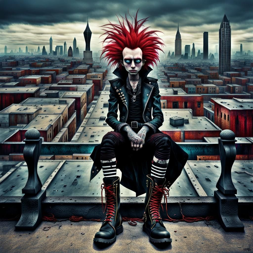 Gothic-Punk Redhead in Cityscape, Hyperrealistic Style