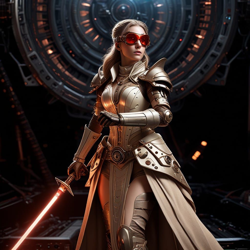 Steampunk Sorceress with Laser Sword in Spaceship